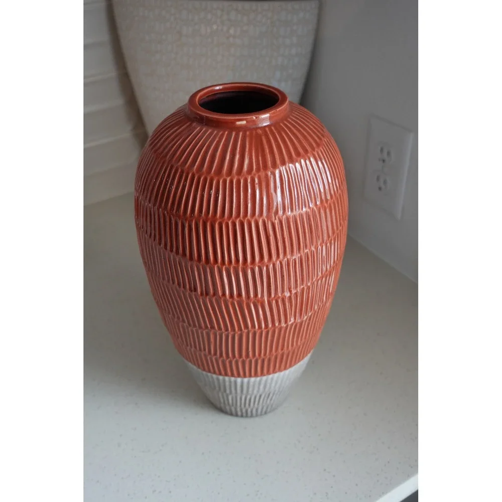 Textured Ceramic‎ Vase, Decorative Accent Vase, Modern Home Decor, Orange & Gray